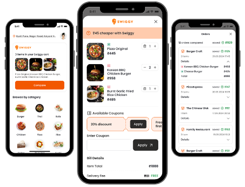 Zomato vs Swiggy price comparison app interface - GetDirect